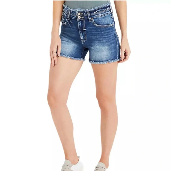 KanCan Dark Wash High Rise Frayed Waist Double Button 3.5” Shorts 29 Women’s - Picture 1 of 12